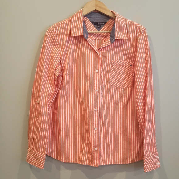 Tommy Hilfiger Tops - Tommy Hilfiger Peach Pinstripe Long Sleeve Button Up Women's Large